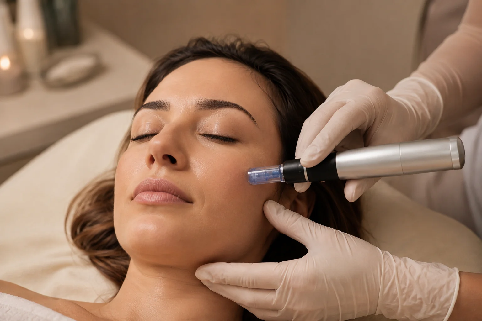 Sesión profesional de Dermapen aplicada cuidadosamente sobre la mejilla