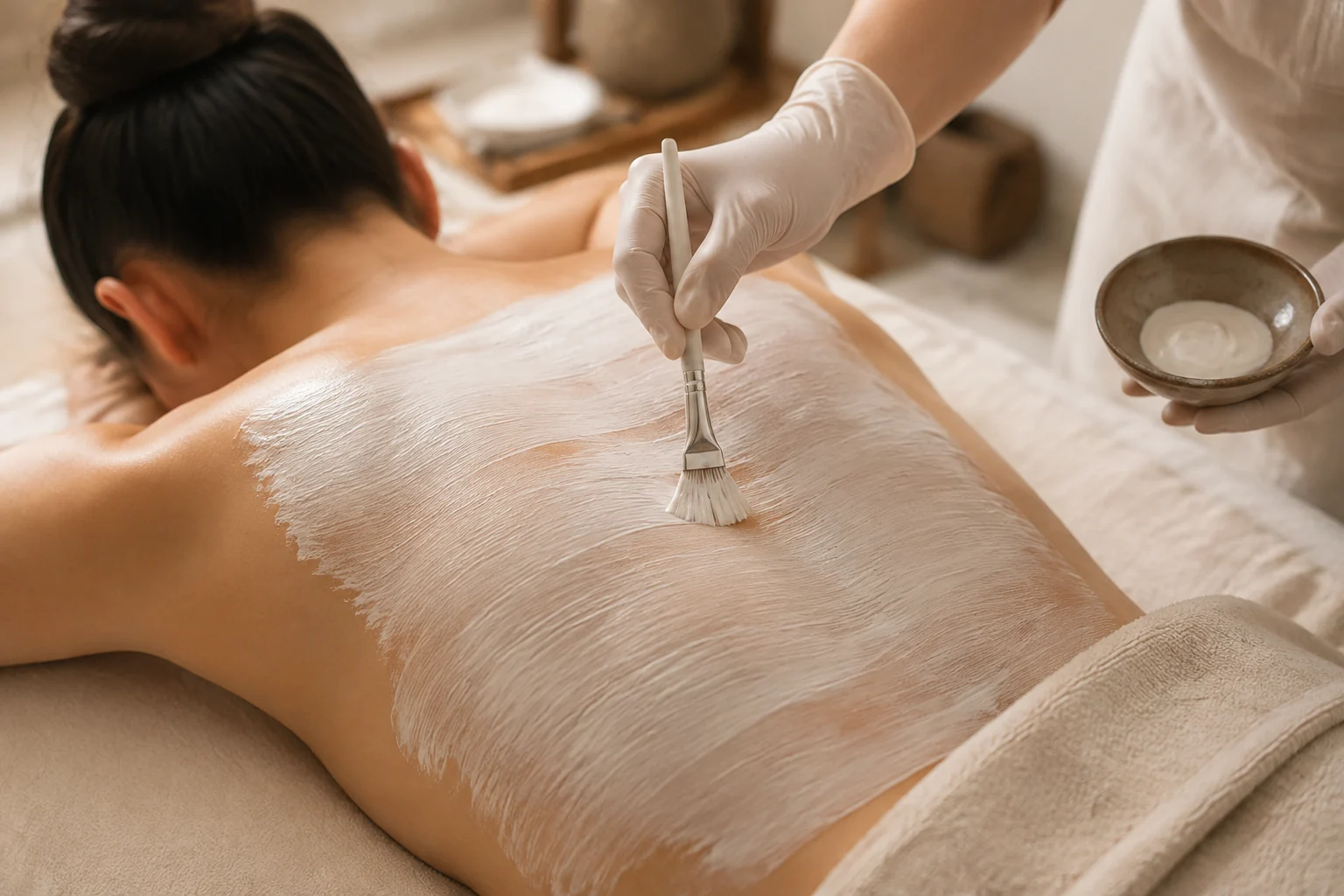 Aplicación profesional de una mascarilla durante una limpieza profunda de espalda