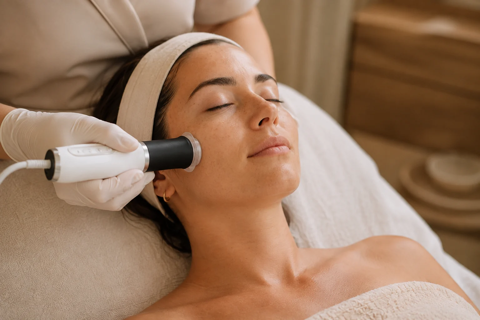 Aplicación profesional del cabezal de oxigenación facial sobre la mejilla