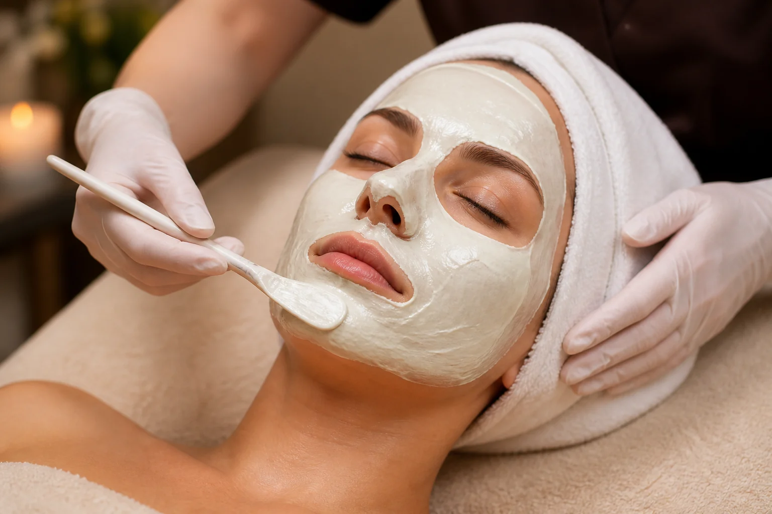 Aplicación profesional de una máscara modelable de yesoterapia facial